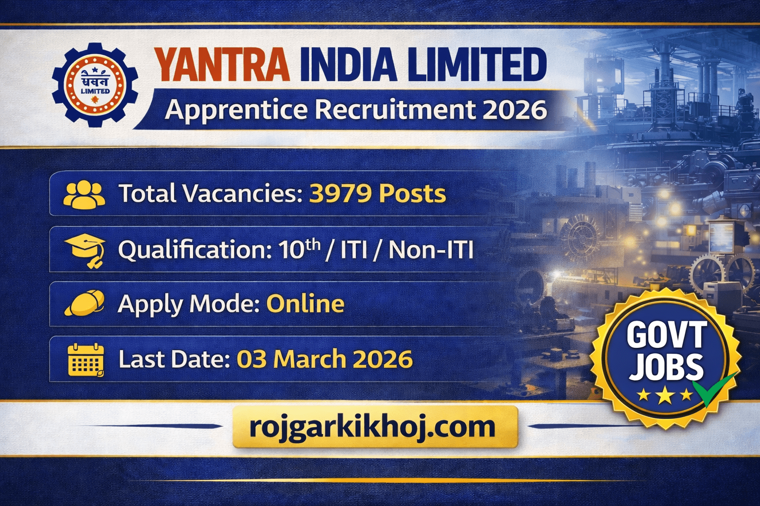 Read more about the article Yantra India Limited Apprentice 2026 Notification Out For 3979 Post- Apply Online