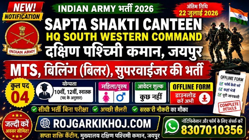 HQ South Western Command Jaipur Recruitment 2026